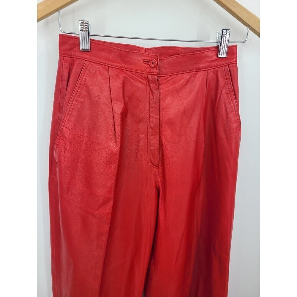 VTG 80s Alan Austin Red Leather Pants Womens S 40 IT High Waisted - Picture 2 of 6